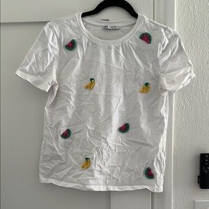 Zara White T-Shirt with Fruit Embroidery